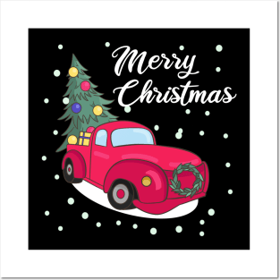 Merry Christmas Retro Vintage Red Truck Posters and Art